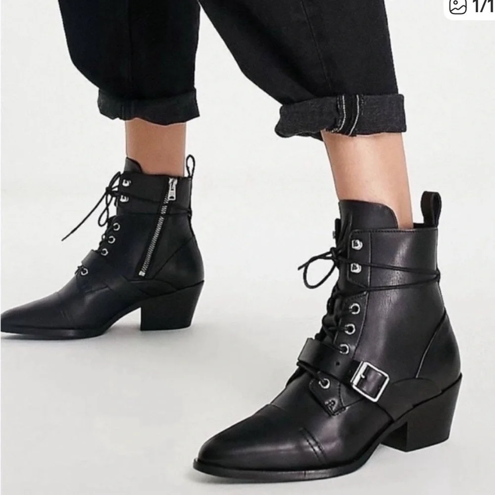AllSaints Black Leather Lace-Up Ankle Boots – Size 37 (US 6.5–7)